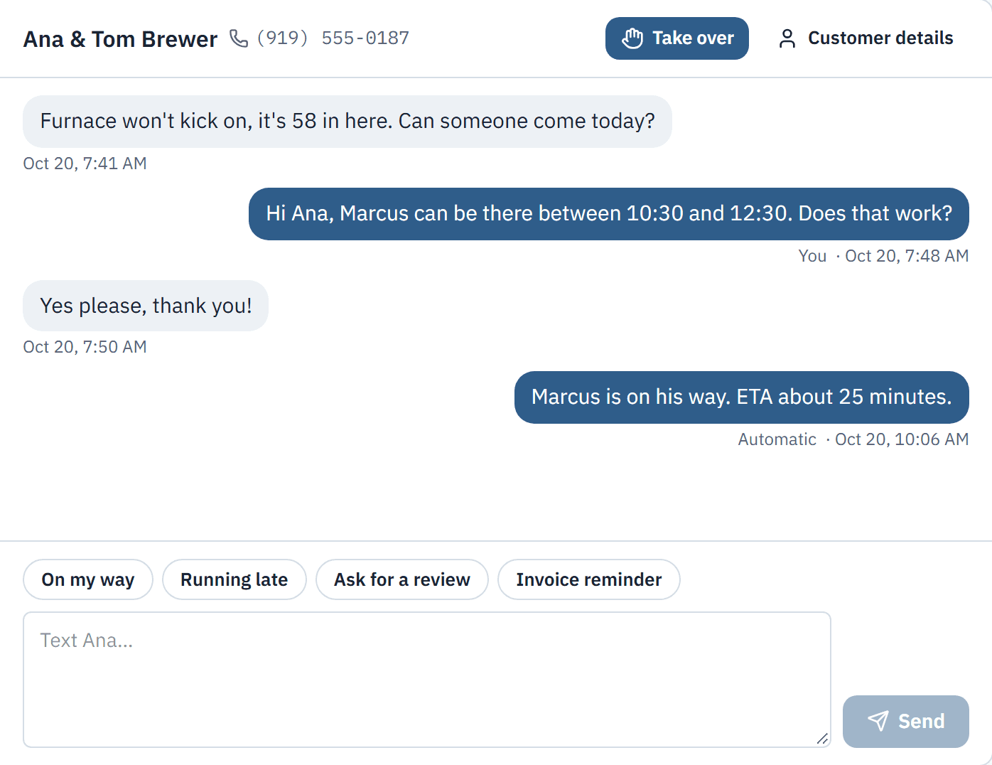 The no-heat texts, and the on-my-way text that went out by itself.