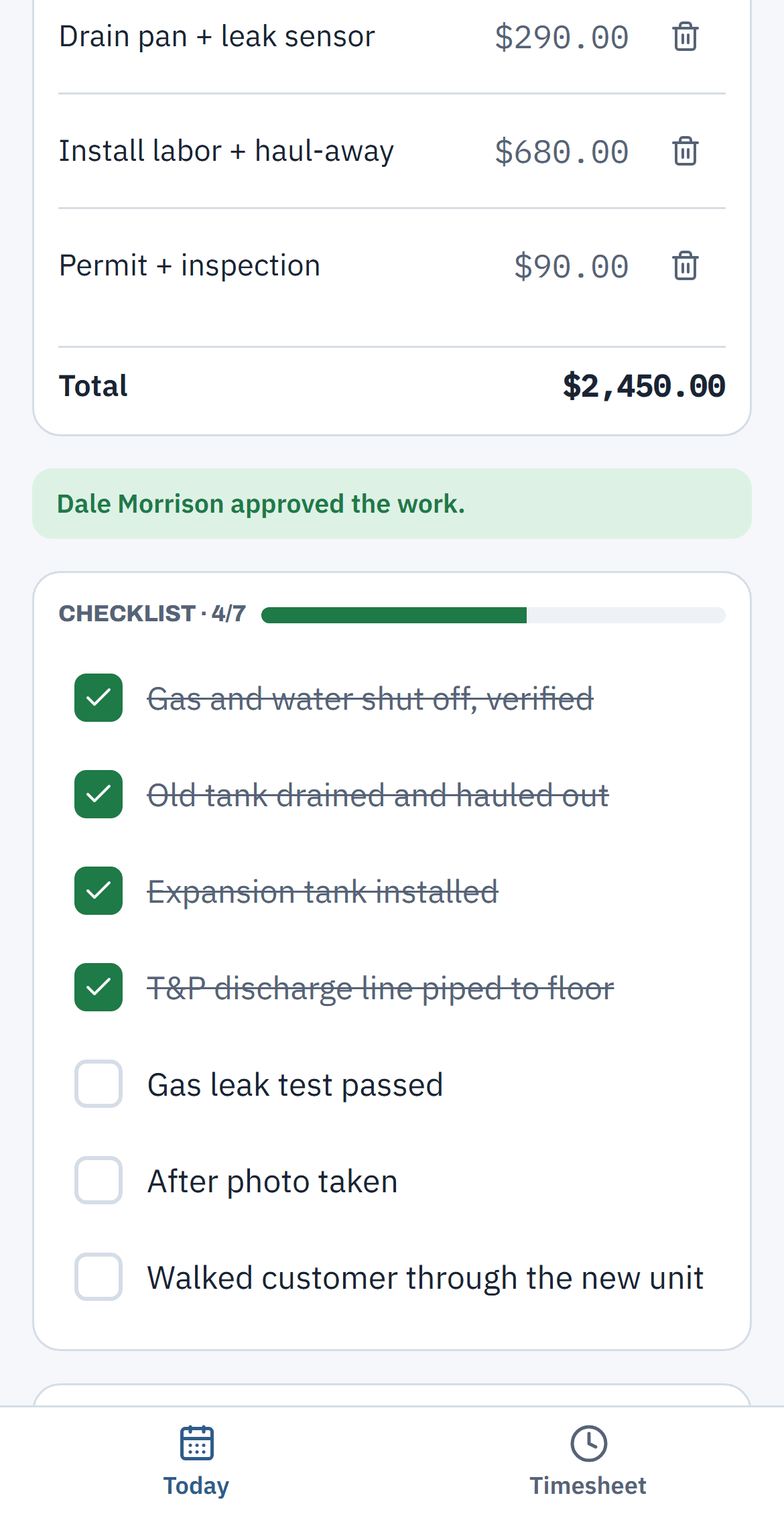 The water heater checklist, four of seven done; the job can't close until it's finished.
