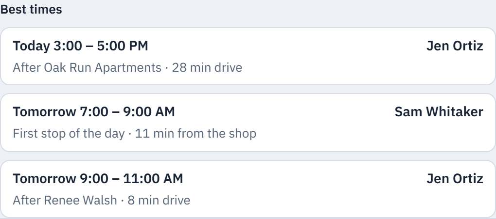 Best times for a new call, each with the tech and the drive.
