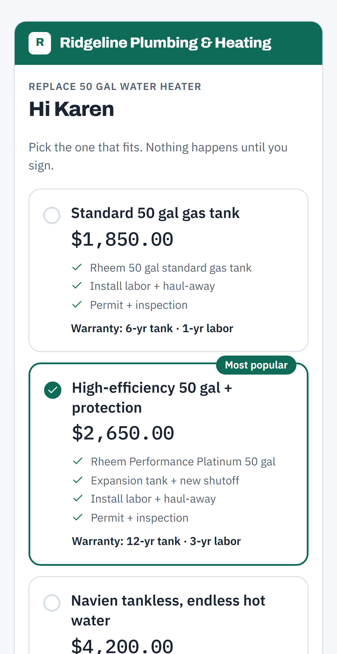 What the customer sees: three water heater options with prices and warranties.
